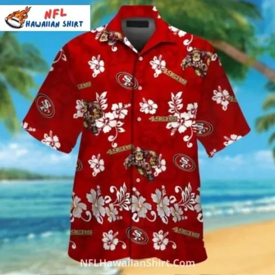 Discover San Francisco Football Aloha Hawaiian Shirt Red With Floral And Skull Print, Gift for Fan