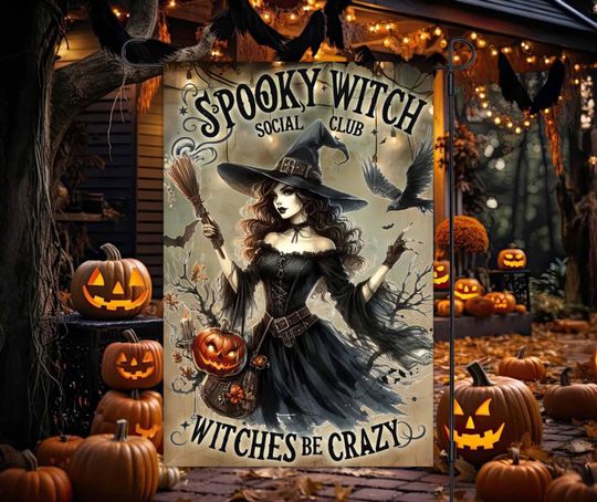 Spooky Witch Soociial Clubb 12x18 Garden Flag Sublimation Design, , Halloween Witch Garden Flag, Halloween Garden Flag
