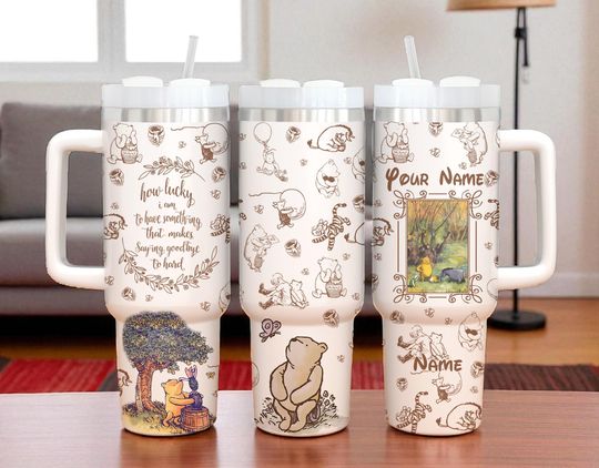 Personalized Winnie the Pooh 40oz Tumbler with Handle Original Pooh Bear Cup Best Friend Gift Tumbler