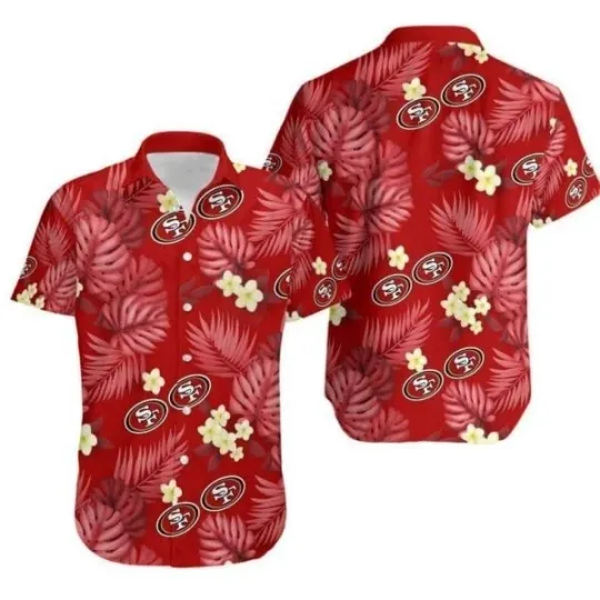 Discover San Francisco Football Hawaiian Shirt Palm Leaves And Flowers Pattern, Gift for Fan