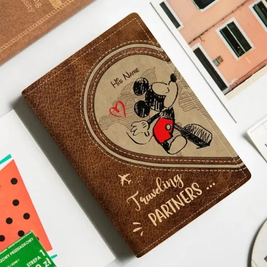 Personalized Mickey Mouse Leather Passport Wallet, Mickey Travel Passport Holder