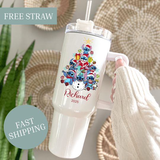 Discover Personalized Christmas Blue Alien 40oz Tumbler with Handle: Custom Name Kids Stainless Steel Travel Cup with Straw