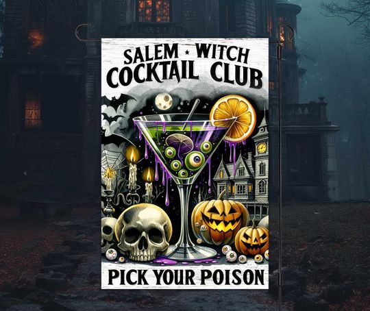 Salem Witch Cocktail Club 12x18 Garden Flag Sublimation Design, Halloween Witch Garden Flag, Halloween Garden Flag