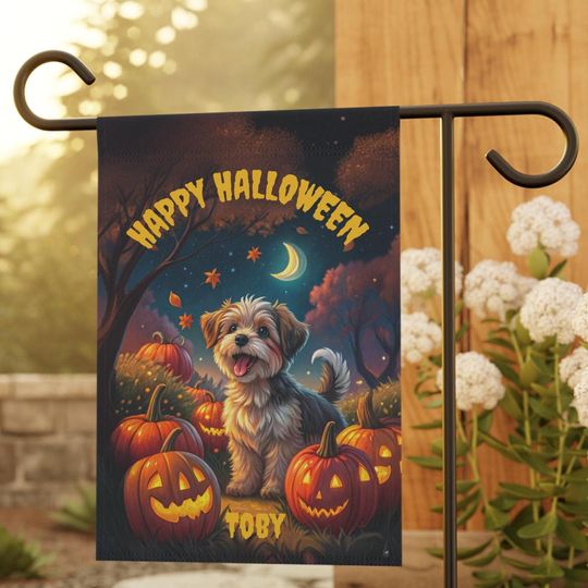 PERSONALIZED Morkie Halloween Garden Flag, Pet Halloween Flag, Morkie Yard Decor, Morkie Lawn Flag, Halloween Lawn Flag, Fall Flag