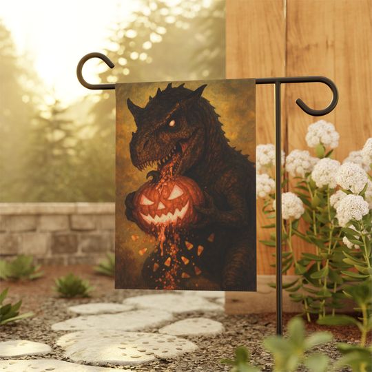 T-Rex Halloween Garden Flag: Spooky Dinosaur Pumpkin Decor