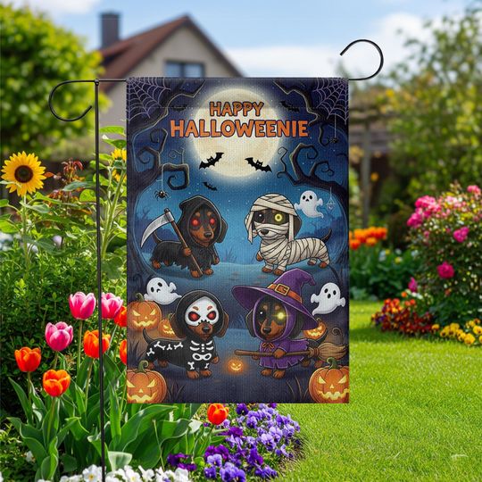 Discover Dachshund Halloween Garden Flag: Happy Halloweenie Wiener Dog Decor