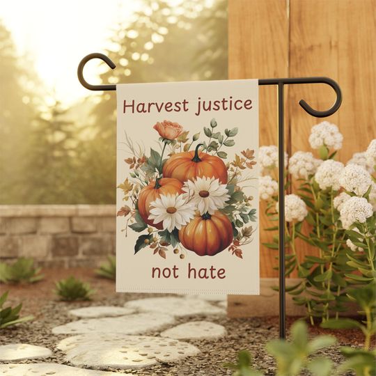 Harvest justice not hate flag, halloween democrat flag, liberal activist halloween, polite anti maga porch flag, democracy over dictatorship