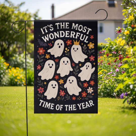 Discover Halloween Ghost Garden Flag, Cute Fall Yard Decor, Most Wonderful Time Banner, Outdoor Autumn Decoration, Spooky Ghost Lawn Sign