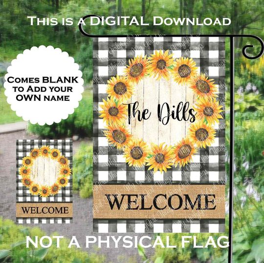 Discover Welcome Sunflower Garden Flag sublimation design  , Buffalo plaid - Add your own name