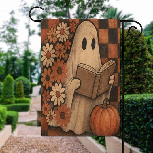 Retro Ghost Halloween Garden Flag, Fall Season Outdoor Decor, Spooky Floral Yard Flag, Neutral Autumn Porch Decoration, Ghost Lawn Sign