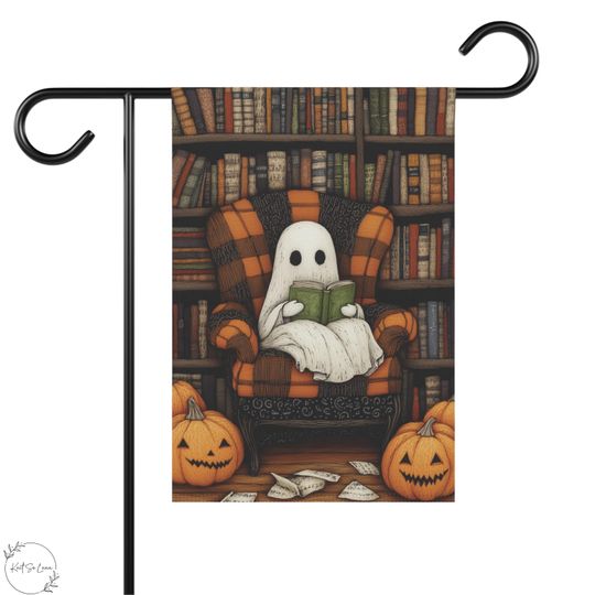 Discover Cozy Ghost Reading in Library Halloween Garden Flag Home Decor Gift
