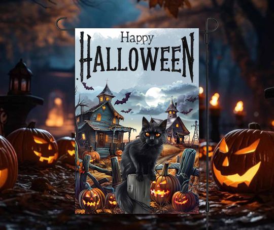 Happy Halloween 12x18 Garden Flag Sublimation Design,  Farm Halloween Garden Flag, Black Cat Halloween Garden Flag
