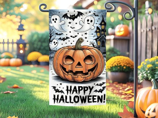 Discover Halloween Garden Flag: Spooky Haunted House, Pumpkin & Bats