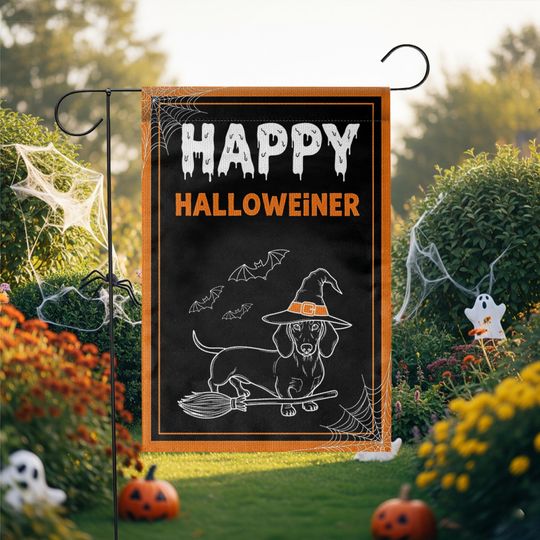 Discover Funny Dachshund Halloween Garden Flag: Witch Dog Broom Design