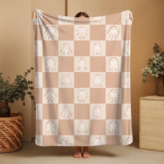 Cute Ghost Halloween Blanket, Halloween Home Decor, Pastel Plaid Blanket, Halloween Decorations, Fall Blanket, Autumn Blanket for Girls
