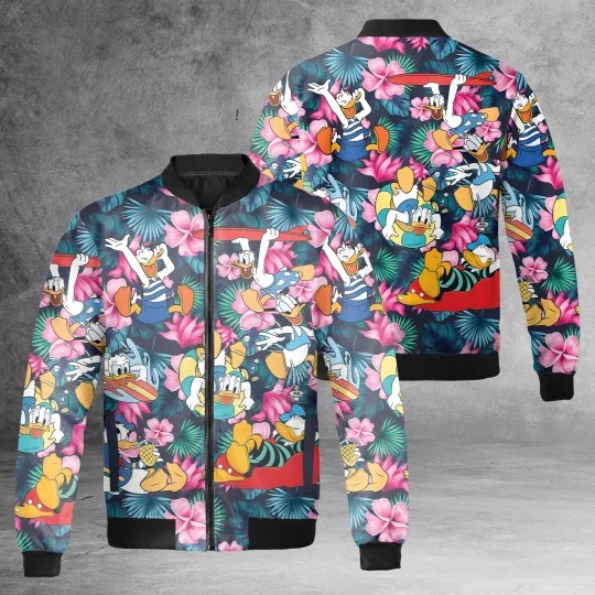 Discover Donald Duck Tropical Hibiscus Flowers Summer Bomber Jacket