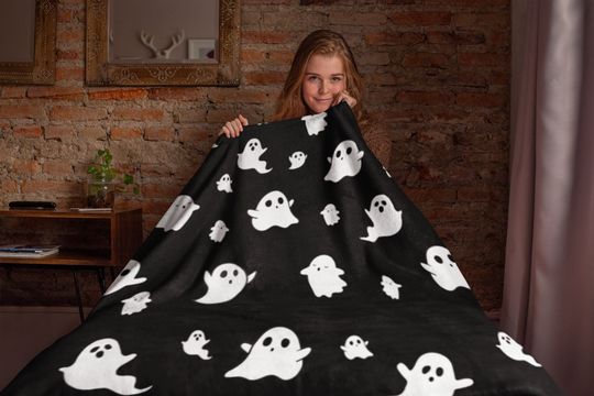Discover Halloween White Ghost on Black Throw Blanket