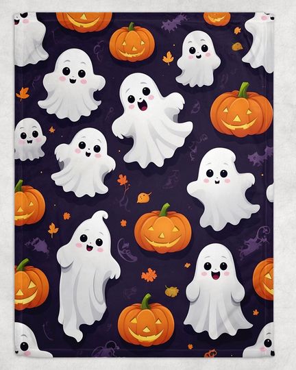 Discover Halloween Fleece Blanket: Cute Kawaii Ghost, Goth Occult Creepy Decor, Witch Decor, Colorful Maximalist, Whimsical Unique Bedding