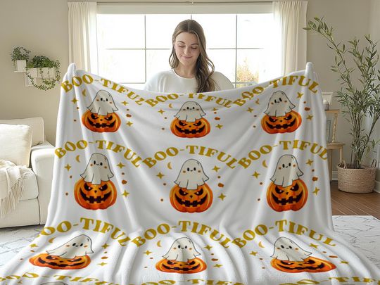 Discover Plush Blanket - Retro Ghost & Pumpkin Season - Halloween Boo-tiful Home Decor, Cozy Fall Throw, Spooky Movie Night Snuggle, Autumn Gift,