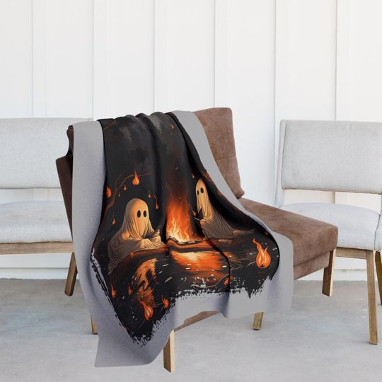 Discover Halloween Blanket, Ghost Campfire Fleece Blanket, Spooky Halloween Decor, Ghost Reading Books