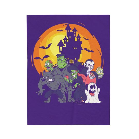 Discover Halloween blanket, Monster Scary Halloween, Purple Velveteen Soft fleece Minky Plush Blanket