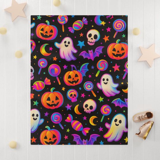 Discover Cozy Neon Halloween Baby Blanket  Glow-Inspired Ghosts, Bats & Pumpkins, Soft Fleece, Spooky Kids Decor, Fall Nursery Gift