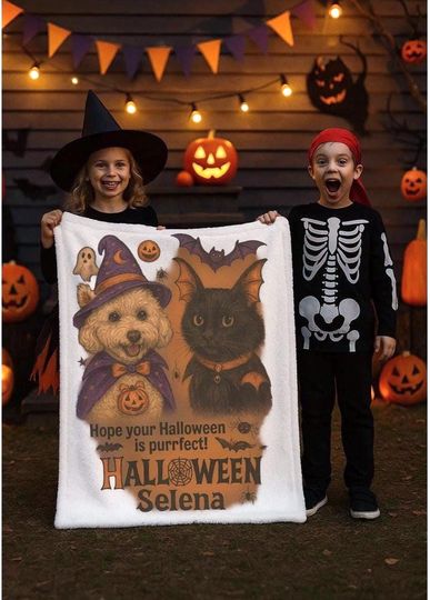 Discover Custom Halloween Pet Blanket: Fleece Dog or Cat Illustration Throw