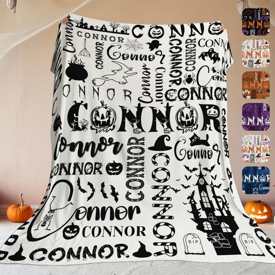 Personalized Name Halloween Blanket | Black and White Custom Baby Name Fleece Blanket | Spooky Gift for Daughter or Son | Cozy Holiday Decor