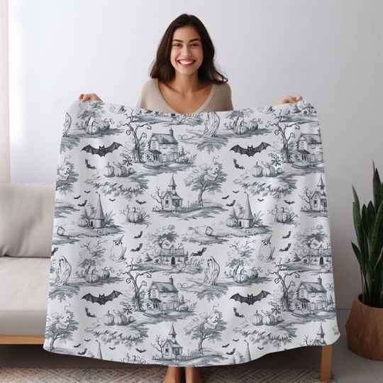 Discover Halloween Toile Blanket, Spooky Village Throw Blanket, Gothic Farmhouse Decor, Vintage Haunted Bedding, Cozy Autumn Blanket, Halloween Gift