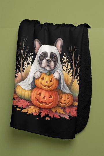 Discover French Bulldog Ghost Sherpa Fleece Blanket: Halloween Dog Throw