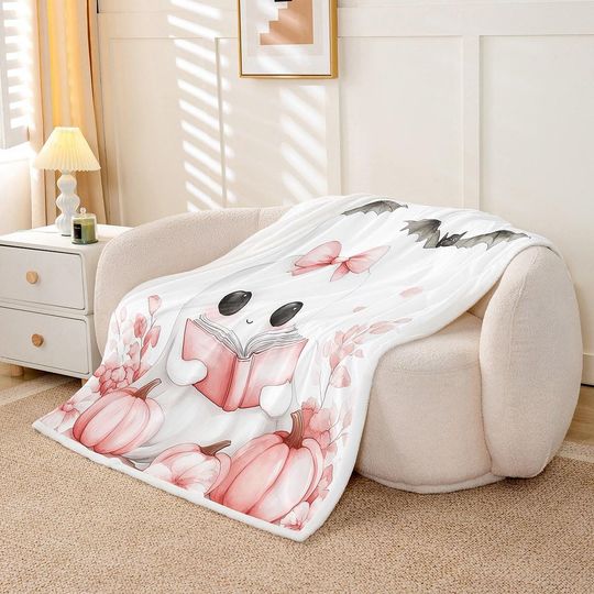 Halloween Ghost Flannel Blanket, Cartoon Cute Ghost Read Book Blanket for Kids Girls, Autumn Pink Pumpkin Leaves Bats Throw Blanket