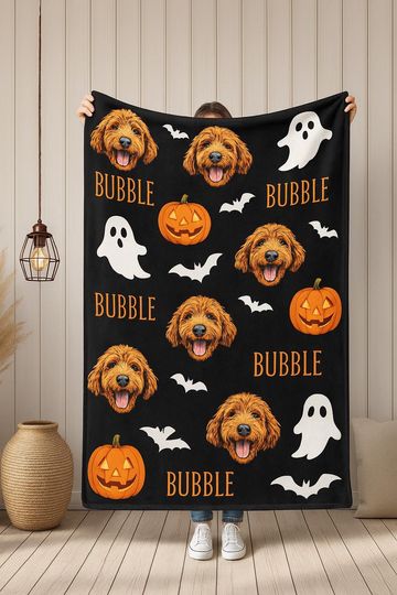 Discover Personalized Halloween Dog Blanket | Custom Name Ghost Pumpkin Pet Throw | Spooky Cute Fleece Blanket for Puppy Lovers | Dog Fall Decor