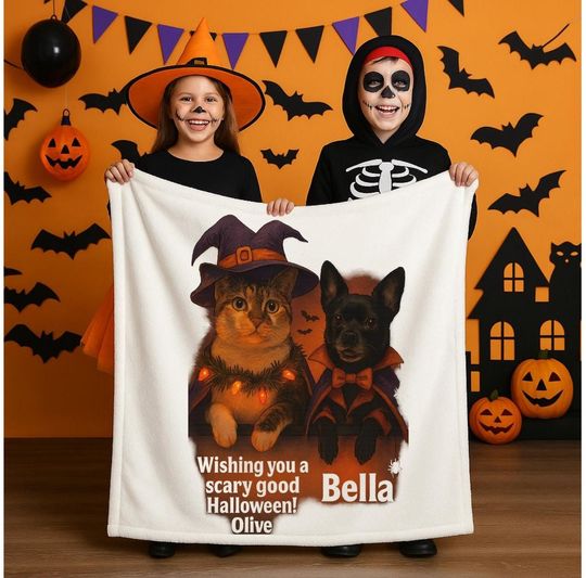 Discover Custom Pet Portrait Halloween Blanket: Spooky Flannel Throw, Unique Pet Gift