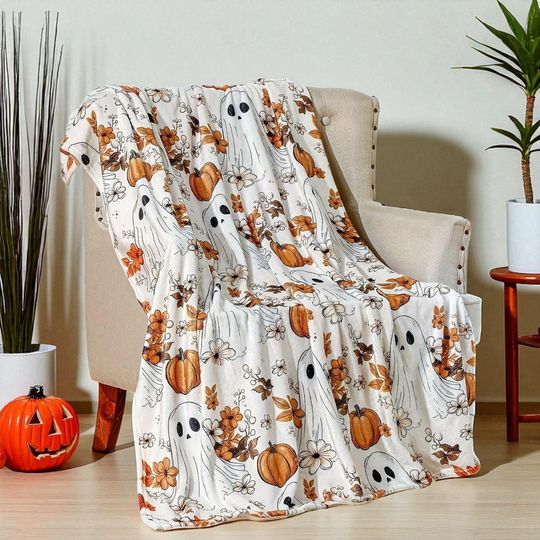 Discover Halloween Pumpkin and Ghost Throw Blanket, Spooky Patchwork Reversible Bedding, Halloween fleece blanket, Cozy Fall Home Decor