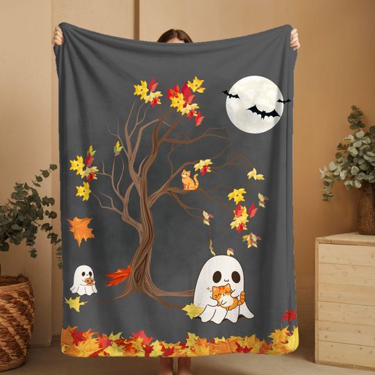 Halloween Cat and Ghost Velveteen Blanket, Cute Orange Cat Fall Throw, Cozy Autumn Fleece Blanket, Spooky Season Blanket, Ghost Cat Blanket