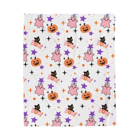 Discover Velveteen Plush Blanket, Halloween Decor, Ghost Pumpkins, Black Cat, Boo, Cozy Bed Throw, Fall Home Decor, Spooky Blanket, Trick or Treat