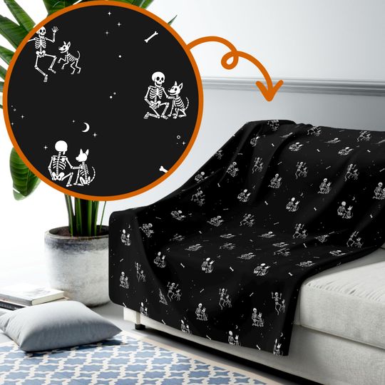 Skeleton And Dog Blanket, Halloween Fleece Blanket, Gothic Blanket, Cozy Season, Spooky Home Decor, Happy Skeleton, Spooky Pet Lover Gift