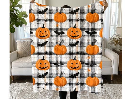 Halloween Gingham Throw Blanket Pumpkin Bat Fall Decor Livingroom Autumn Cozy Soft Plush Blanket Sherpa Couch Decoration Fleece Warm Seasona