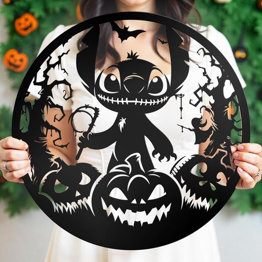 Discover Ohana Halloween Metal Sign Disney Inspired Pumpkin Porch Decor Lilo Stitch Wall Art Door Sign Fall Outdoor Decor Housewarming Kids Room Gift