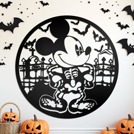 Discover Disney Trick or Treat Door Sign Mickey Inspired Porch Decor Mickey Mouse Bats Wall Art Fall Outdoor Metal Decor Housewarming Kids Room Gift