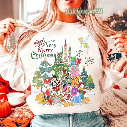Discover Cute Mickey's Very Merry Christmas Party 2025 Sweatshirt, Disney Santa Mickey & Friends Xmas Light Tee, Disneyland Vacation Family Trip Gift
