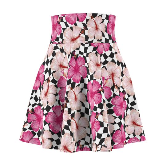 Tropical Hibiscus Checkered Floral Skater Skirt
