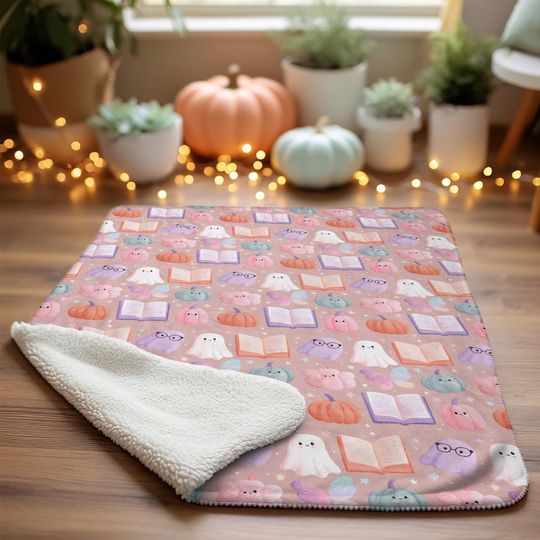 Discover Cute Ghost Sherpa Blanket, Halloween Throw Blanket with Books and Pumpkins, Cozy Plush Book Lover Gift
