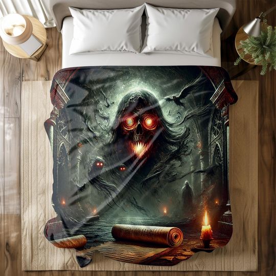 Discover Horror Skull Fleece Blanket, Gothic Dark Fantasy Throw, Black Green Flannel Blanket, Creepy Ghost Bedding, Soft Cozy Spooky Decor