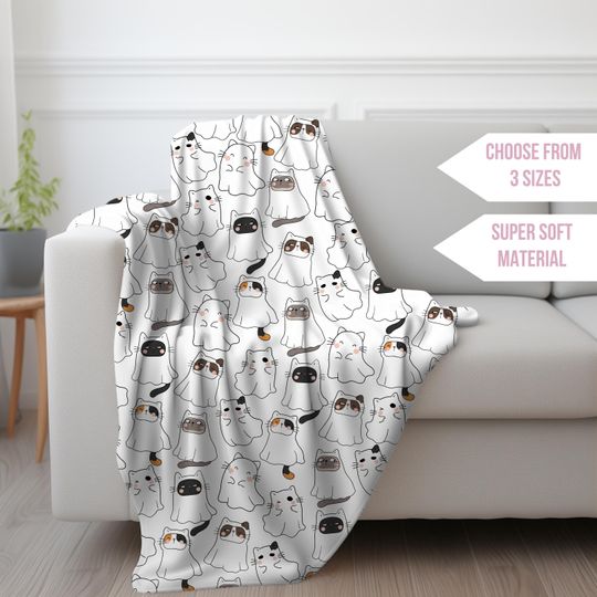 Discover Halloween Cute Ghost Cat Blanket, Kawaii Cat Halloween, Spooky Black Cat, Ghost Blanket, Cat Lover Gift, Dorm Room Decor, Cozy Fall Bedding