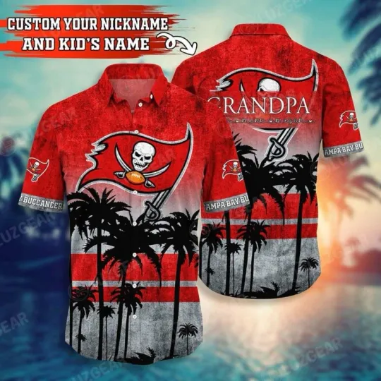 Discover Tampa Bay Buccaneers Grandpa With Kid’s Name Hawaiian Shirt Summer Aloha S-5XL