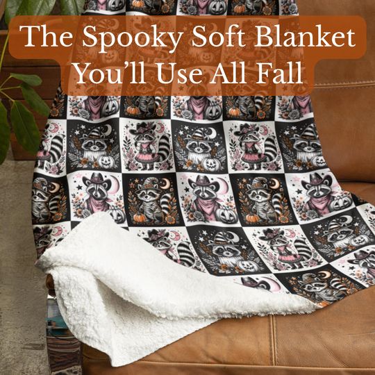 Pink Halloween Blanket Cute Spooky Sherpa Throw With Raccoon Witch Design Cozy Fall Gift For Her Whimsigoth Decor Soft Fleece Couch Blanket