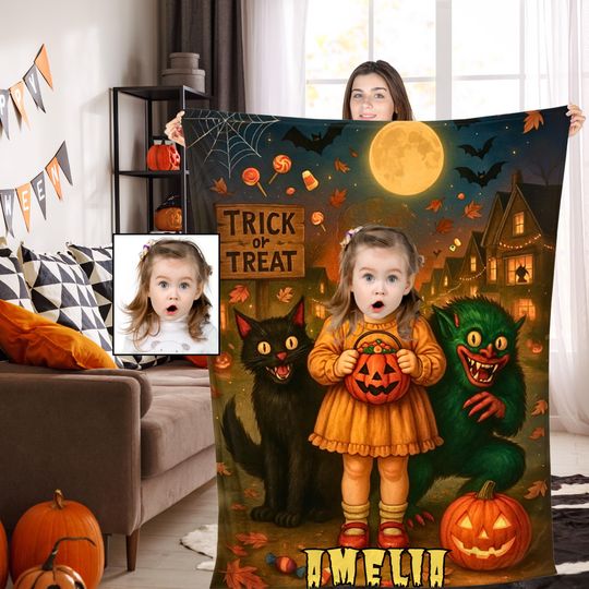 Discover Personalized Halloween Blanket With Face, Custom Photo Pumpkin Throw Blanket,Spooky Gift For Kids, Cozy Blanket For Halloween,Halloween Gift