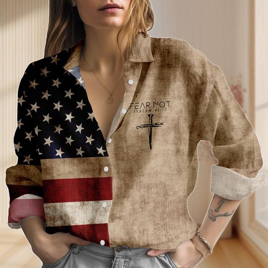 Discover Retro America Look Shirt, Red White Blue Striped Star Women’s Blouse
