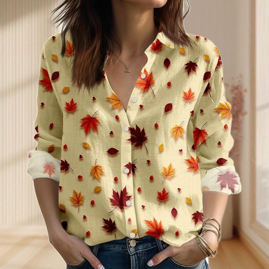 Discover Fall Maple Leaves Linen-Look Blouse for Women